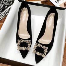 Zapatos de tacón de mujer,Zapatos de tacón de aguja versátiles de estilo francés con hebilla cuadrada adornada con pedrería. - Negro - Ver 4