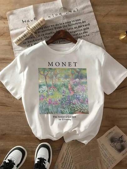 Oversize Camiseta Floral Extra Grande Inspirada en Monet para Mujeres - Camiseta de Diseño de Jardín Blanca de Manga Corta Transpirable, Top Casual de PrimaveraVerano para Atuendos de Mujeres, Camisetas para Mujeres