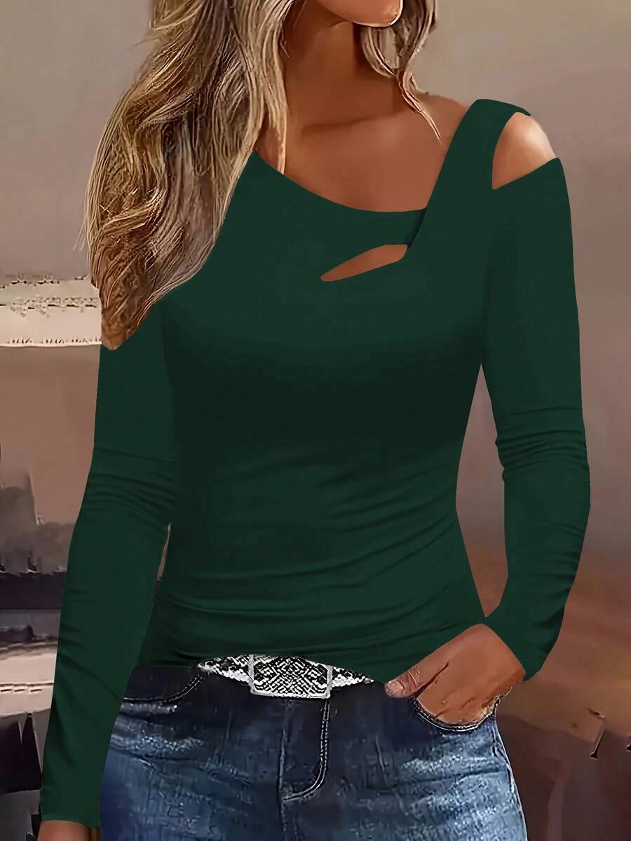 Hollow Out Asymmetric Shoulder Long Sleeve Top, Fashionable Top For Women, Spring & Autumn Casual Summer - Dark Green - View 1
