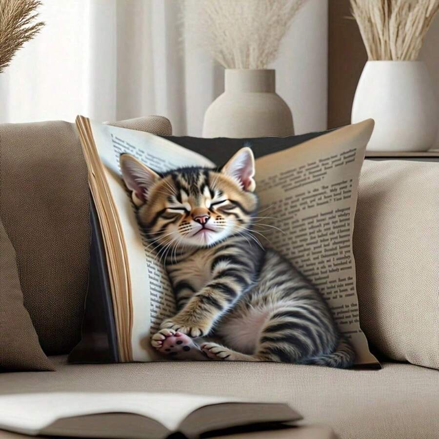 1Pc Cozy Cat On Book Throw Pillow Cover - 17.7x17.7 Inches, 100% Polyester, Single-Side Print, Zipper Closure & Machine Washable, Naptime Novelty Decor For Living Room & Bedroom, Sleeping Kitten Design, No Insert Included, Home Room Decoration