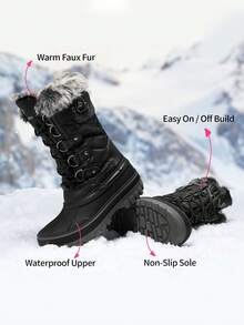 Boys And Girls Winter Snow Boots, Water-Resistant Mid Calf Boots With Anti-Slip Sole, Insulated & Cozy Faux Fur Lining For Little And Big Kids - 黑色 - 查看 7