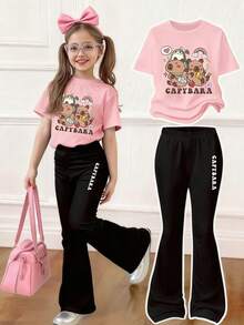 Toddler Girls' Cartoon Print Short Sleeve Top And Skinny Flared Pants Set - Pink - View 1