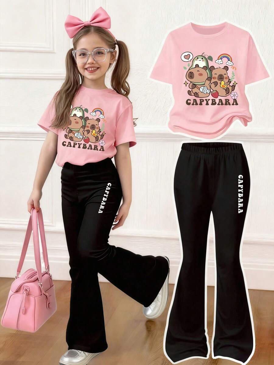 Toddler Girls' Cartoon Print Short Sleeve Top And Skinny Flared Pants Set - Pink - View 1