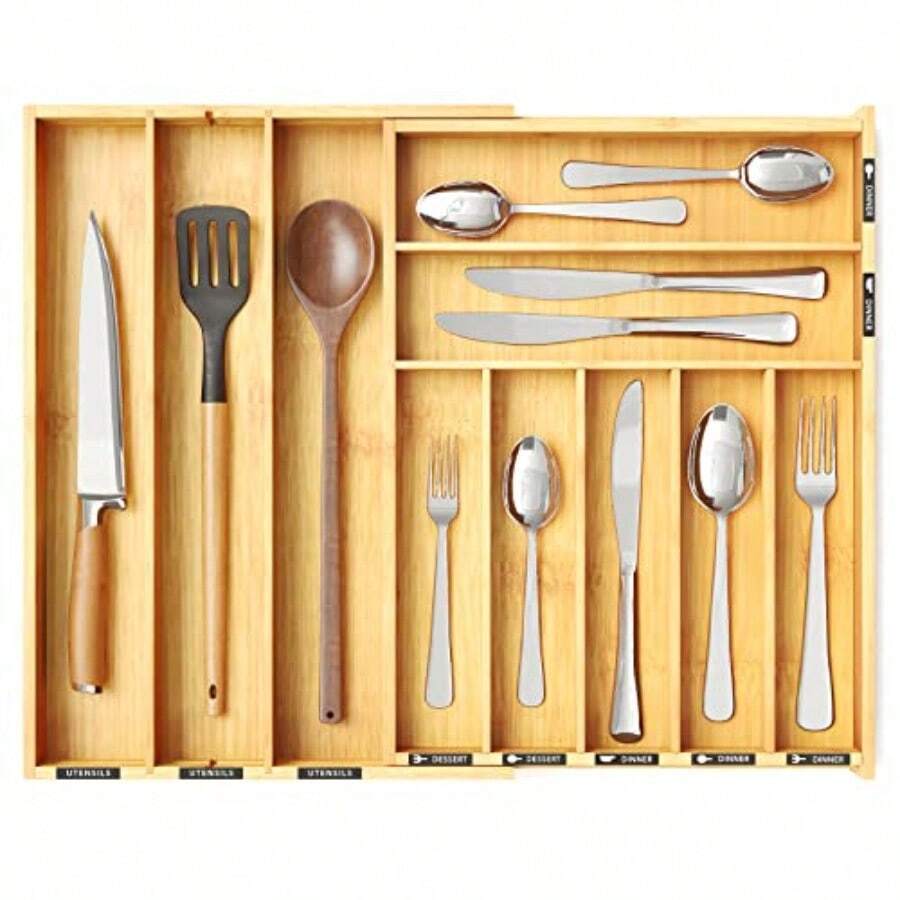 Bamboo Sierware Drawer Organizer With Labels Kitchen Utensil Expandable Tray Holder Organizer For Flatware Cutlery Spoon And Knives Drawer Storage Organization Natural 10 Slots - Tự nhiên - Xem 1
