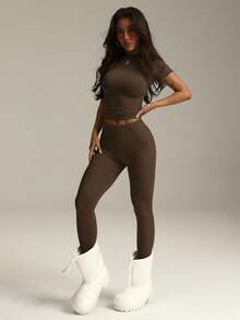 2Pcs Set Women Casual Solid Color High Elastic Short Sleeve T-Shirt And High Waist Legging Sports Suit Gym Set Workout Women Set Women Leggings Set