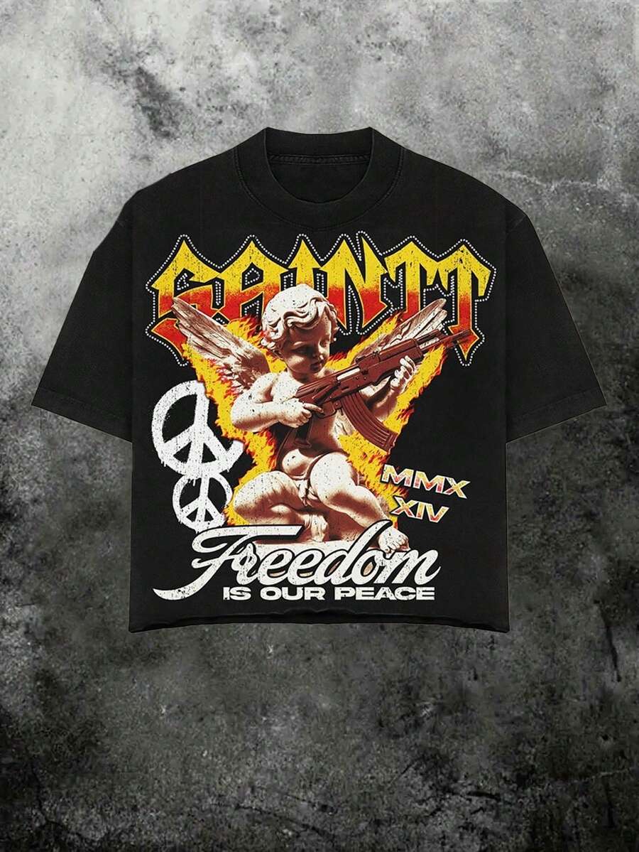 Angelic Freedom(100 percent cotton 180g T-shirt)Ropa Masculina de Alta Calidad Camiseta de manga corta holgada con estampado de moda para hombre | Diseño exquisito - Negro - Ver 1
