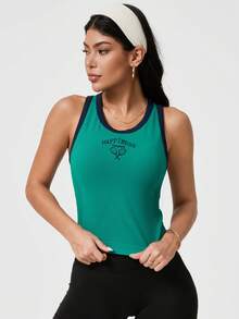 Leorrey One PC Women's Sweet Color Block Sleeveless Round Neck Ribbed Letter Print Running Fitness Exercise Sports Vest (For Running, Tennis, Badminton) - Green - View 9
