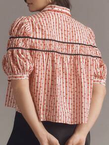 Women Puff Sleeve Cute Floral Graphic Shirred Peplum Blouse Crop Top Y2k Front Button Down Flowy Vintage Babydoll T-Shirts - 紅色 - 查看 5