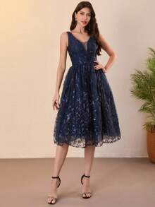 短款亮片蕾丝晚礼服，优雅女士无袖深V领蕾丝舞会礼服，带刺绣露背毕业礼服，A字鸡尾酒礼服 - 藏蓝色 - 查看 1