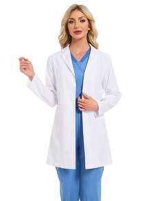 cimmuovere Chaqueta regular de manga larga con botones en el frente, bolsillos y cuello plano de unicolor para mujeres, batas de laboratorio - Blanco - Ver 5