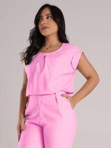 Women's Tailored Blouse With Buttons And Round Neck - Rose - View 3