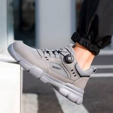 GUYISA 1双男士钢头安全鞋，防砸防刺，旋转快拆，低帮，灰色，四季皆宜，橡胶鞋底，时尚实用工作鞋