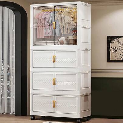 1pc Foldable Portable Wardrobe Organizer Rack, Independent Plastic Wardrobe Storage Box, Clothing Cabinet Divider Storage Box, Foldable Portable Design, Bedroom Storage Rack, No Gold Pipe, Vertical Shelf, Decorative Furniture Storage Cabinet