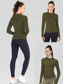 Women's Spring/Summer Hooded Sports Jacket, Winter Women's Jacket, Fashionable Yoga, Outdoor Running, Commuting, Elastic Comfort, Back Shaping, Abdominal Shaping, Slimming And Fitness, Running Sportswear, Zipper Elasticity, Minimalist Fashion, Sexy, Slim Fit, Long Sleeved Yoga Jacket - 軍綠色 - 查看 6