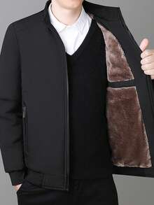 1pc Winter Men's Long Sleeve Thermal Lined Jacket, Thickened Warm Stand Collar Casual Outwear , Fall - Black - View 1