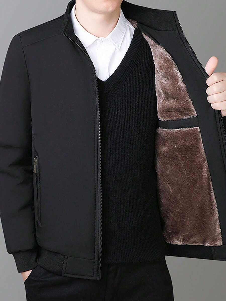 1pc Winter Men's Long Sleeve Thermal Lined Jacket, Thickened Warm Stand Collar Casual Outwear , Fall - Black - View 1