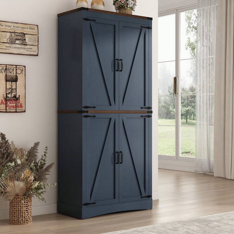 71in Farmhouse Tall Storage Cabinet With 5 Layers Adjustable Shelves,Kitchen Pantry Storage Cabinet With 4/6 Barn Doors,Storage Cabinet For Kitchen, Dining Room, Bathroom, Living Room - Blue - View 1