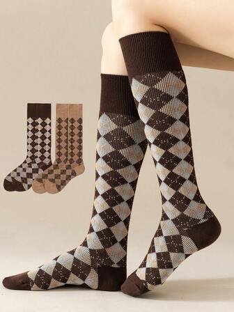 1 Pair/2 Pairs/4 Pairs Women's Thick Over The Calf Socks, Nordic Retro Argyle, Letter, Leopard Print, Warm For Winter, Cozy Socks