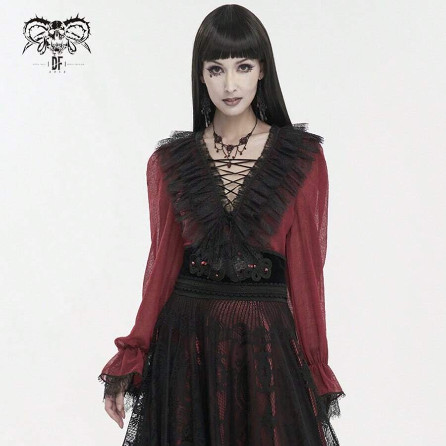 EVA LADY 一件哥特风V领系带衬衫,复古暗黑系派对装扮,秋冬款 - 紅色 - 查看 1
