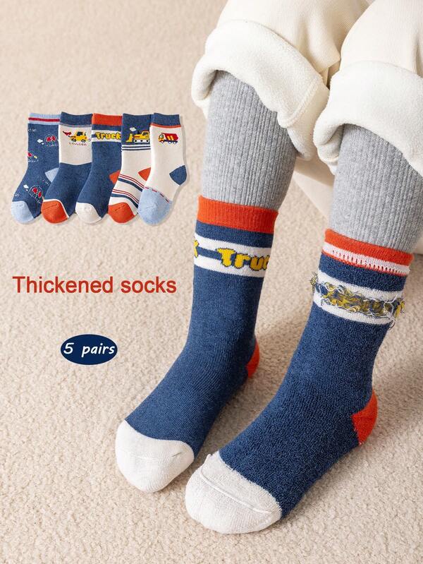5 Pairs Boys' Cartoon Construction Vehicle Print Warm Socks (1-12 Years Old) - Suitable For Boys In Autumn And Winter, Thick, Warm, Comfortable And Soft, Simple And Versatile, Suitable For Daily Wear And Outings