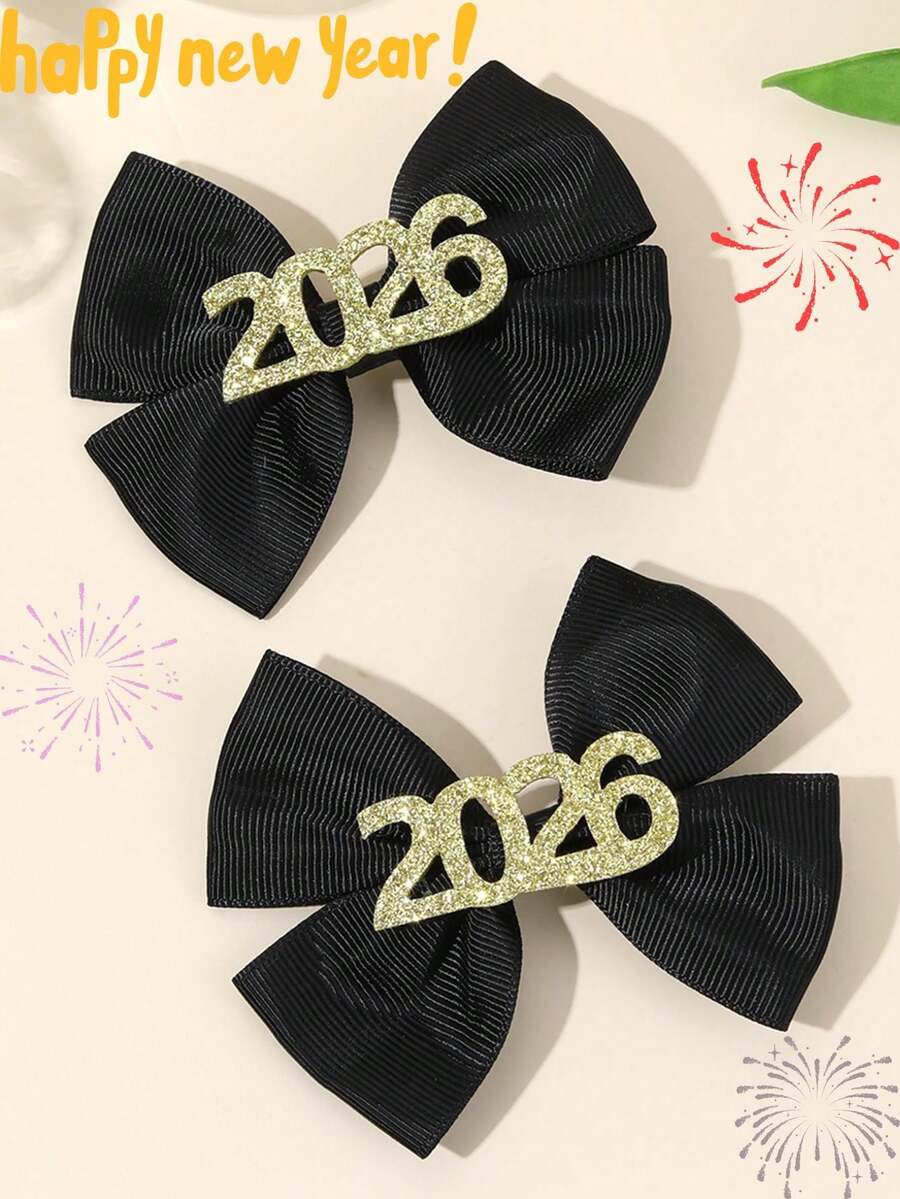 2pcs/Set 2026 Happy New Year Design Teen Girls Hair Bow Clips,Glitter 2026 Decor Black Fabric Headdress,Suitable For Teens New Year Festival Outfit Hair Accessories - Multicolor - View 1