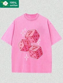 Cute Pink Dice With Stars Graphic Printed Street Style Men's Casual Wear 230g Washed Cotton Round Neck Short Sleeve Comfortable & Breathable Printed Tee For Summer High - Quality Design - Màu Hồng Tươi - Xem 1