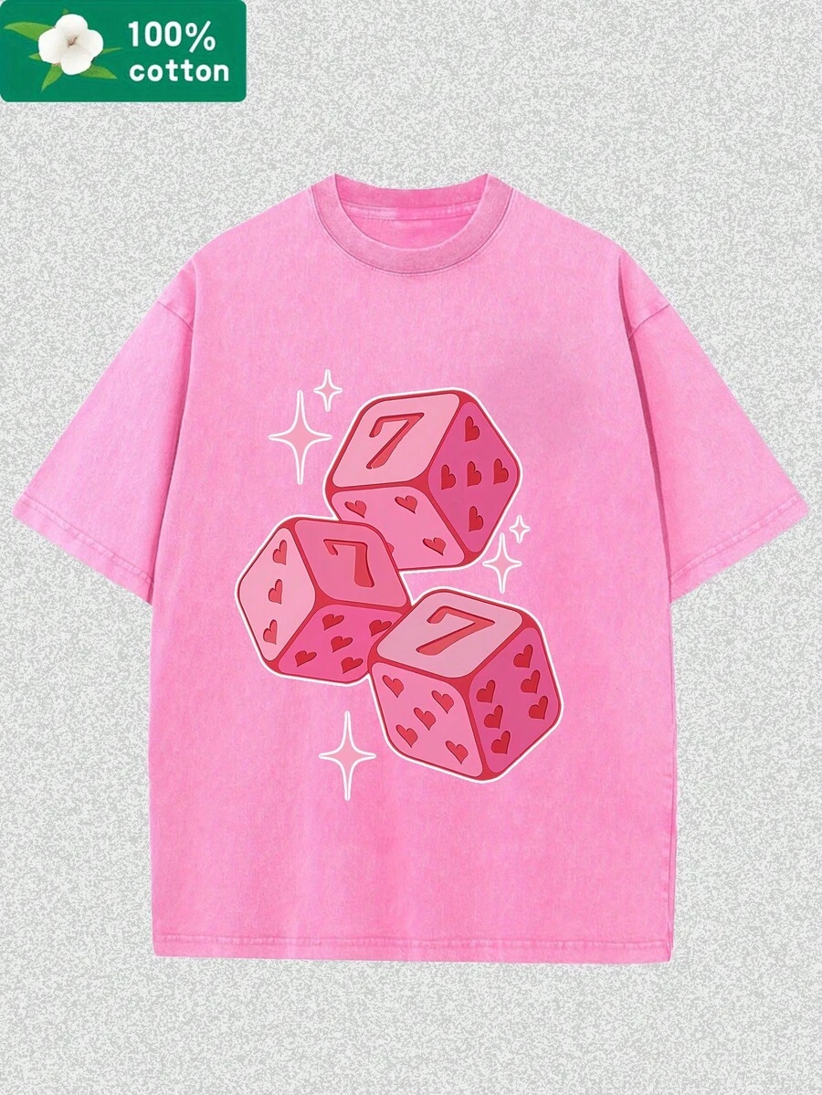Cute Pink Dice With Stars Graphic Printed Street Style Men's Casual Wear 230g Washed Cotton Round Neck Short Sleeve Comfortable & Breathable Printed Tee For Summer High - Quality Design - Màu Hồng Tươi - Xem 1