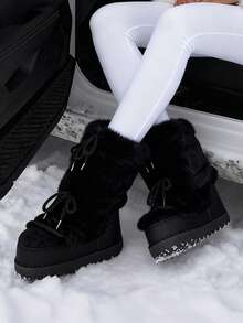 Faux Fur Boots For Women Winter Snow Boots Platform Lace Up Round Toe Boots Warm Snow Shoes Fluffy Winter Boots - màu đen - Xem 1