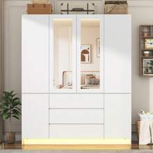 4 Doors Armoire Wardrobe Closet With 3 Drawers & Mirror, Modern Wooden Bedroom Armoires With Hanging Rod USB Powered Led Lights For Bedroom - 白色-4門 - 查看 2