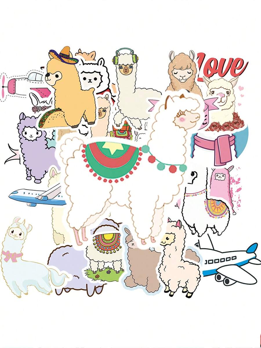 100PCS Cute Alpaca Art Style Stickers With Airplane And Love Design Graffiti Vinyl Stickers For Scrapbook, Journaling, Laptop, Bumper, Skateboard, Water Bottles, Computer, Phone, Cartoon, Hard Ha - Multicolor - View 1