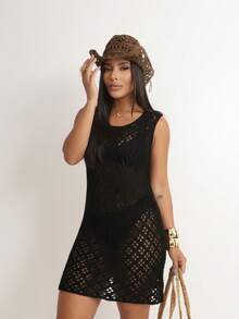 Modest Short Beach Cover-Up Dress, Knitted Crochet Stitch, Pool Style, Women's Fashion With Holes - màu đen - Xem 2