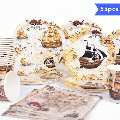10pcs Pirate Treasure Map Disposable Plates, Napkins And Cups Set, Suitable For 10 Guests, One-Time Paper Plates Party Supplies For Birthday Party, Family Picnic