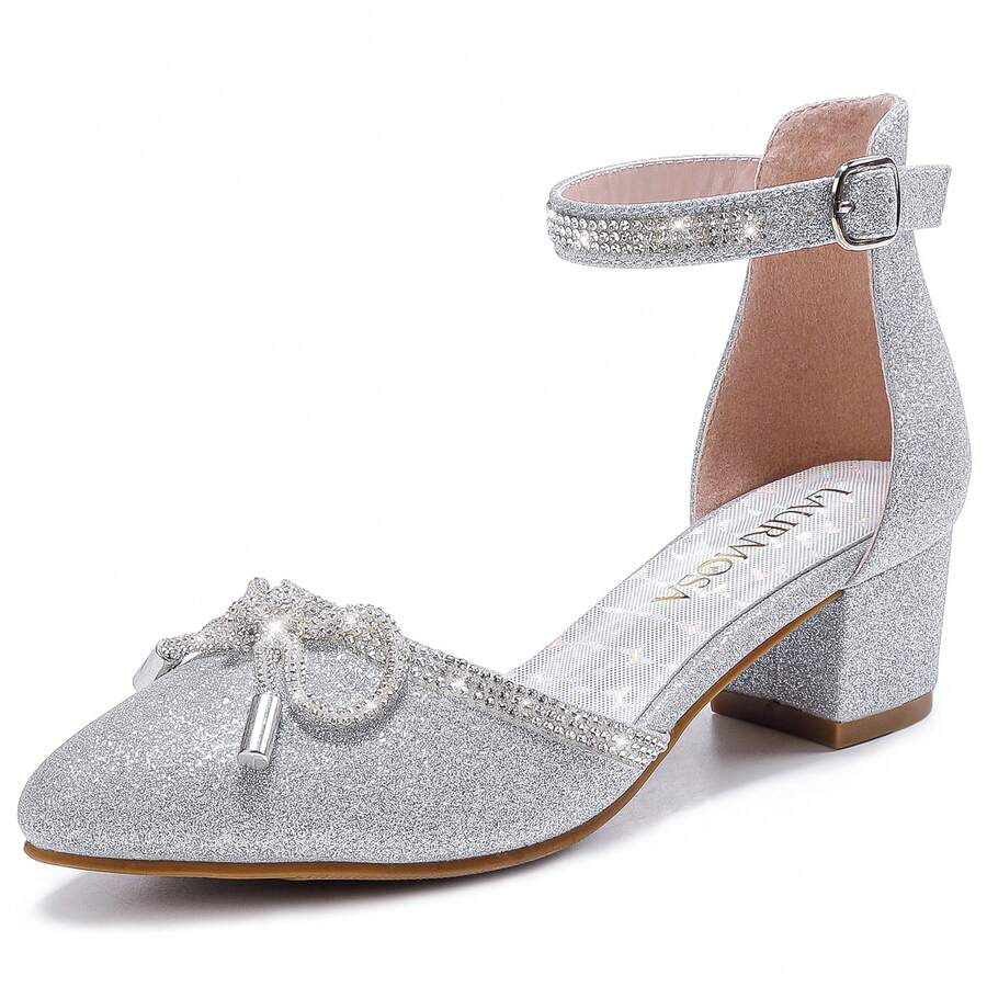 1 Pair Girls Sandals Closed Toe High Heels Pointed Toe Ankle Strap Pumps Flower Girl Dressy Shoes In Wedding Party Cute Bowknot Chunky Block Heeled For Little Big Kids - 細粉銀 - 查看 1