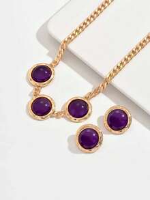 1 zestaw geometrycznej okrągłej fioletowej biżuterii akrylowej - naszyjnik i kolczyki, zestaw biżuterii w stylu metalowym, biżuteria geometryczna, biżuteria do noszenia na co dzień, dodatki odzieżowe, prezent świąteczny, biżuteria na imprezę - złoty + fioletowy - Zobacz 3
