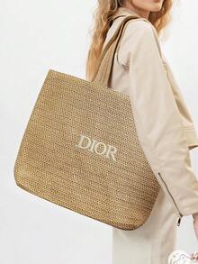 Christian Dior Women's Raffia Woven Tote Bag, Large Beige Handbag, Boho Style Beach Hat Bag, Summer Shoulder Shopping Bag - Oatmeal - View 1