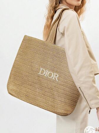 Christian Dior Women's Raffia Straw Woven Tote Bag, Large Beige Handbag, Vacation Boho Beach Hat Bag, Summer Shoulder Shopper​
