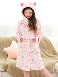 少女粉色豹纹猫耳连帽浴袍 - 粉色 - 查看 2