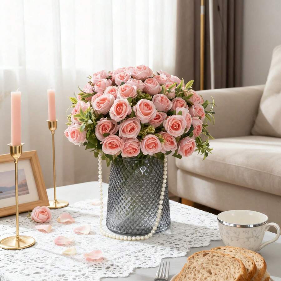 1/80PCS Artificial Flowers-10 Heads Rose Bouquets, Silk Rose, Fake Plants, Home, Dining Room, Living Room, Outdoor Garden Decoration,The Art Of Inserting Flowers, Photography Props, Vase, Flower Wall, Flower Wreath, Bridal Bouquet, Wedding Decoration, DIY Flower Wreath Materials, Birthday Party Decoration Materials, Home Decoration Accessories - Baby Pink - View 1