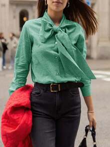 Womens Work Blouse Bow Tied Neck Button Down Long Sleeve Casual Dressy Shirts Tops - 綠色 - 查看 4