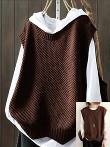 Plus Size Casual Solid Color Crew Neck Knit Sweater Vest - Brown - View 1