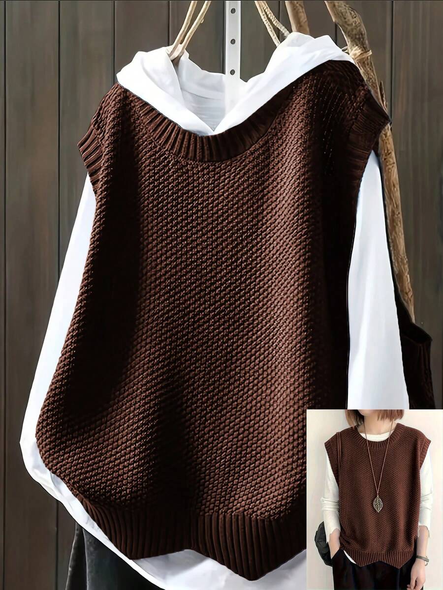 Plus Size Casual Solid Color Crew Neck Knit Sweater Vest - Brown - View 1