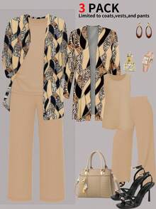 Plus Size Women's Autumn Fashion Casual Sporty Style Jacket With Solid Color Sleeveless Tank Top And Loose Elastic Waist Long Pants 2 Pieces Set, Slimming And Flattering, Suitable For Workout, Running, Airport Outfit, Home Wear, Effortless Chic And Comfortable Travel Winter Clothing - Multicolor - View 7