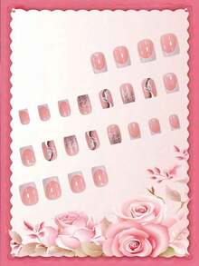 24Pcs Short Square Glitter Heart & French Tip Fake Nails Set, Including 1Pc Jelly Gel And 1Pc Buffer, Suitable For Valentine'S Party, Dance And Daily Wear, Removable And Reusable Press On Nails Nail Supplies Nails - 彩色 - 查看 6