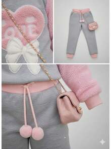 Girls' Love Furry Set, Children's Winter Fashion Pants And Top With Heart Design. - Ljusgrå - Visa 4