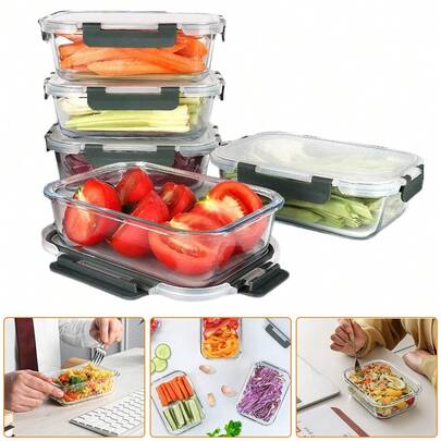 5pcs Glass Meal Prep Containers With Leak-Proof Lids - Microwave & Dishwasher , Airtight Food Storage For Lunch, Office, Travel - Stackable Rectangular Design, Office Lunch Boxes, Modern Lunch Boxes, Durable Lunch Boxes, Meal Prep Containers, Office Workers, Stackable Containers, Sturdy Construction, Busy Professionals