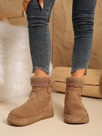 2025 冬季女式复古厚底短靴，保暖内衬欧美风格毛绒靴，家居服