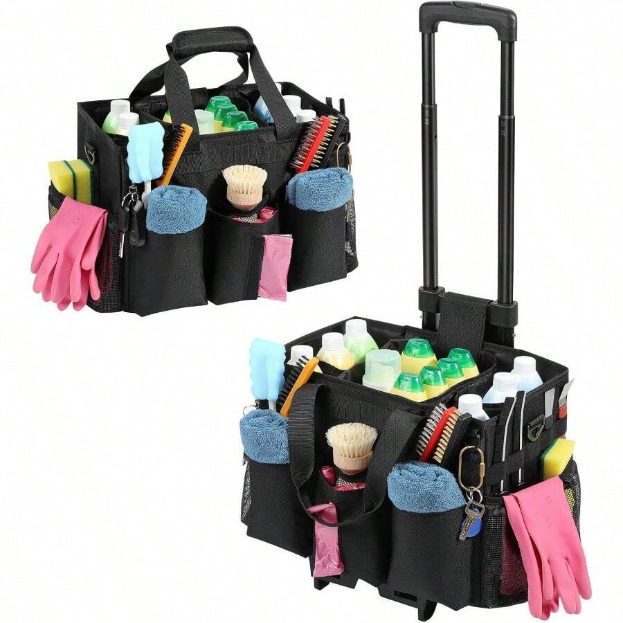Rolling Cleaning Caddy Bag With Detachable Trolley Profional Portable Large Cleaning Bag With Wheels Wearable Cleaning Ply Bag On Wheels For Housekeepers Black - Black - View 1
