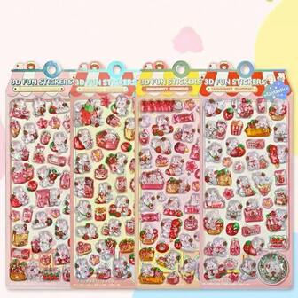 3D卡通粉色兔子和草莓兔子浮雕水晶贴纸，可爱DIY装饰材料，适合女孩