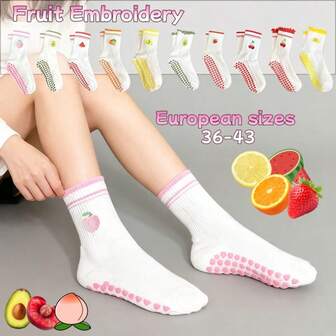 European Sizes 36-43, 1 Pair Of New Model Cute Fruit Embroidered Breathable Yoga Socks, Mid-Calf Length, For Women