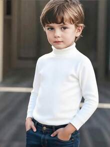 3pcs Boys' Solid Color Thermal Fleece Turtleneck Long Sleeve Base Layer T-Shirts, Autumn/Winter